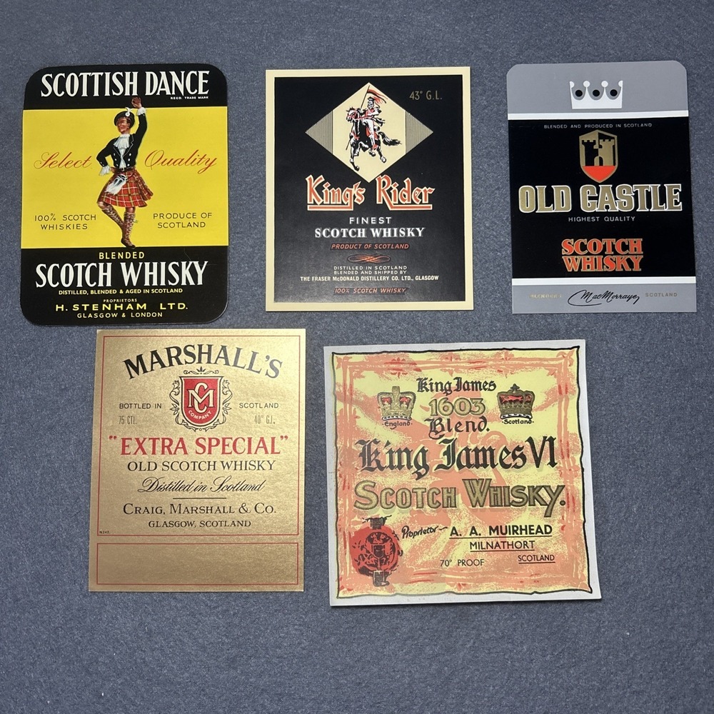 Scotch Whisky Bottle Labels Lot‎ of 5 Unused Vintage Decorative Graphics